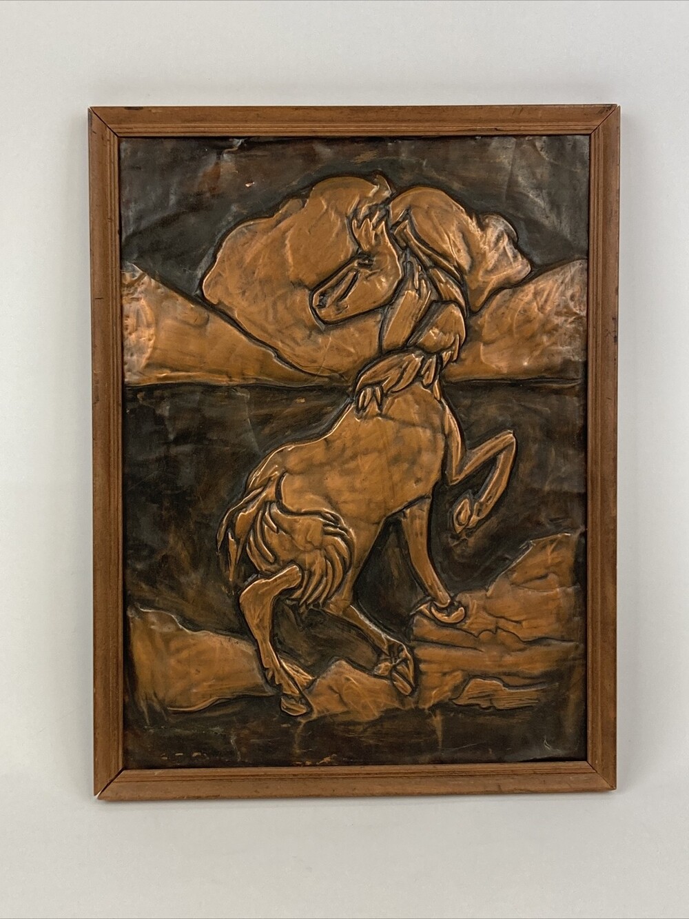 70s VTG Copper Plate Embossed Horse Mustang Relief Framed Wall Hung Art Plaque
